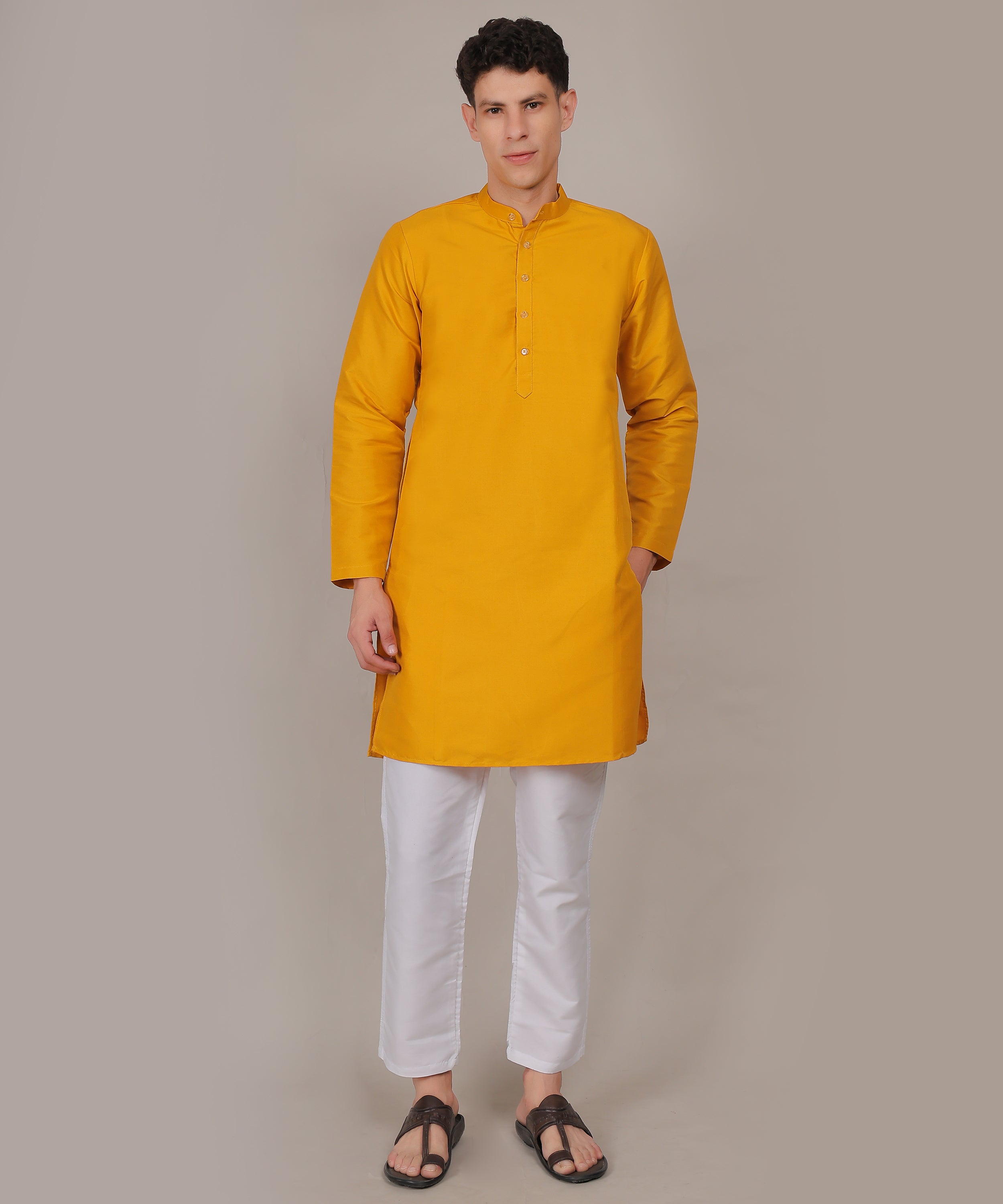CONCHIC Men’s Solid Pure Cotton Straight Kurta with Pajama (Yellow)