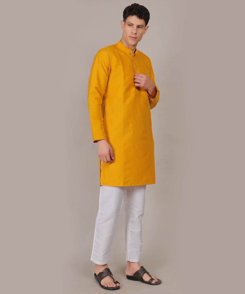 CONCHIC Men’s Solid Pure Cotton Straight Kurta with Pajama (Yellow)