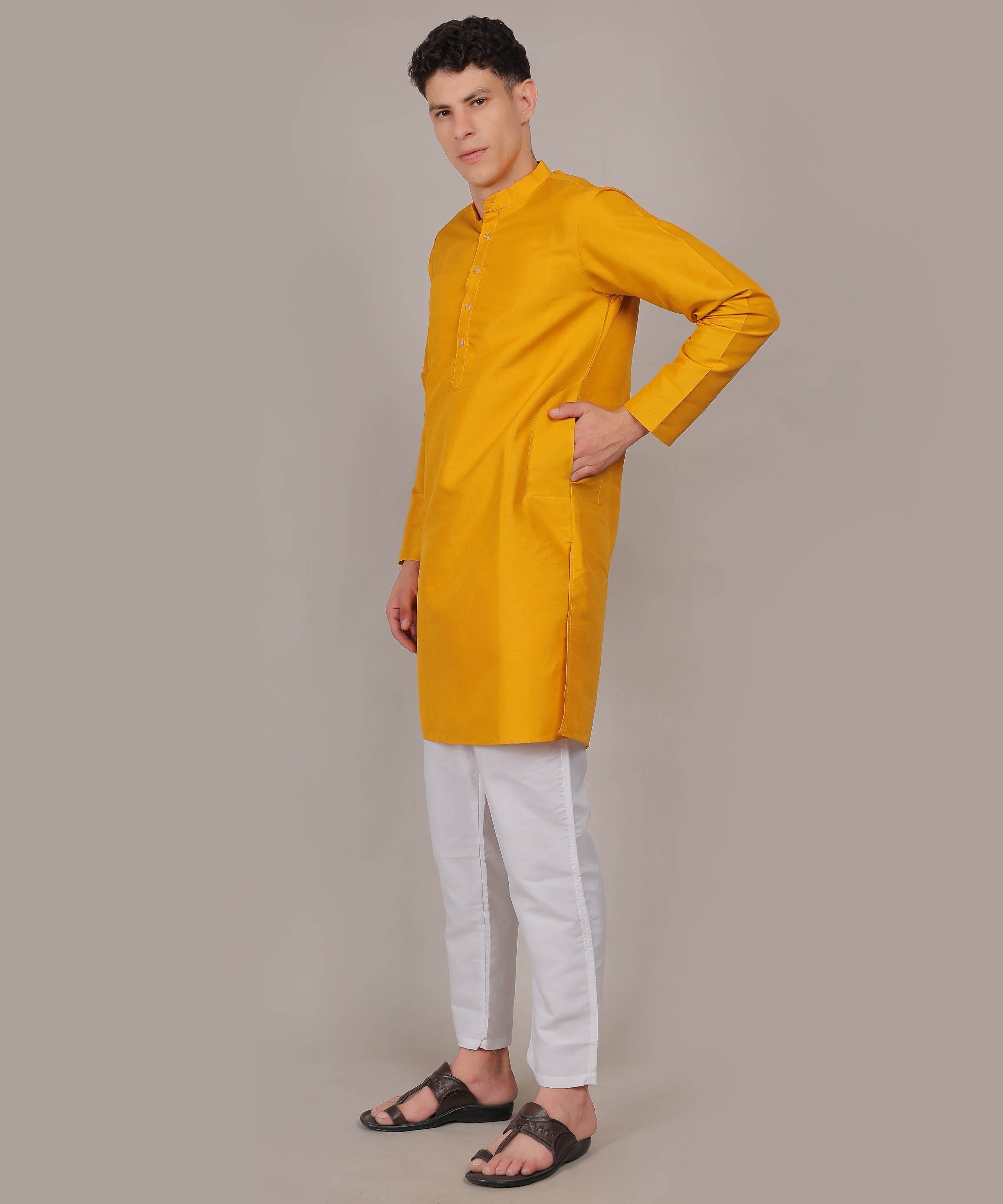 CONCHIC Men’s Solid Pure Cotton Straight Kurta with Pajama (Yellow)