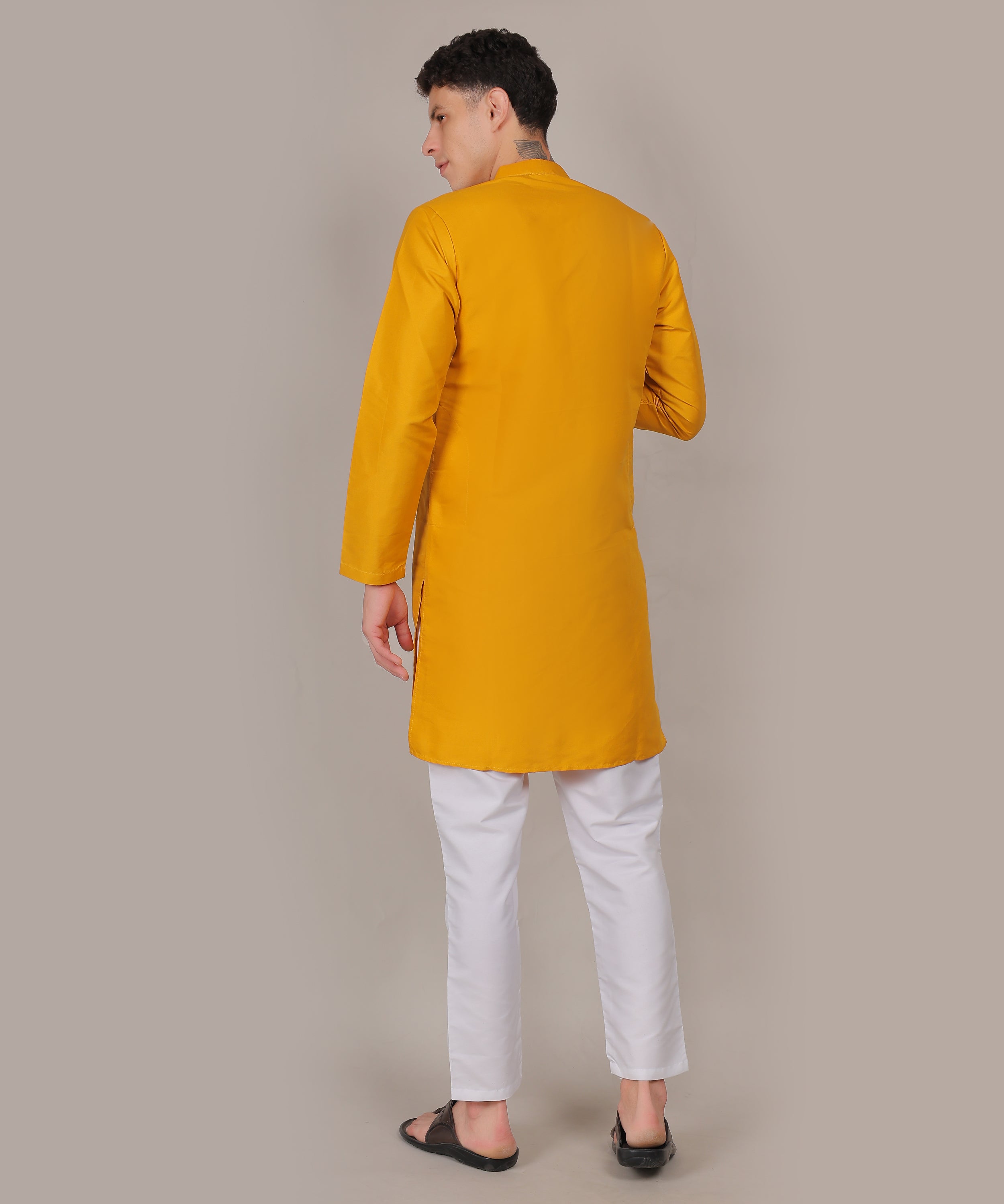 CONCHIC Men’s Solid Pure Cotton Straight Kurta with Pajama (Yellow)