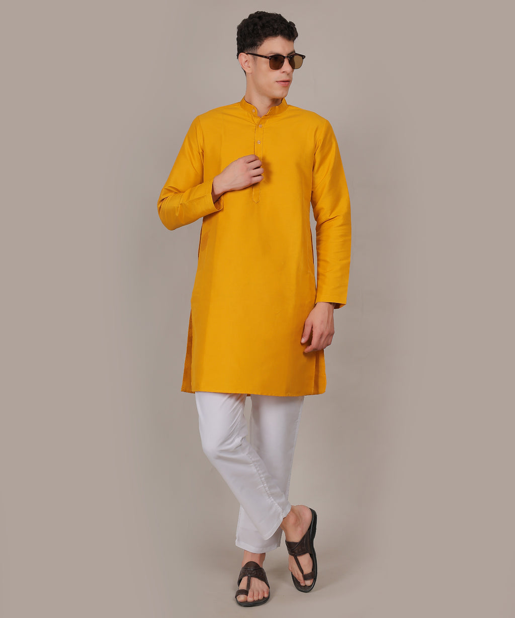CONCHIC Men’s Solid Pure Cotton Straight Kurta with Pajama (Yellow)