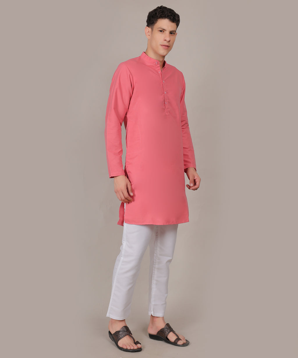 CONCHIC Men’s Solid Pure Cotton Straight Kurta with Pajama Pink