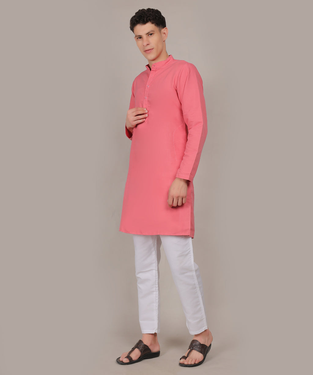 CONCHIC Men’s Solid Pure Cotton Straight Kurta with Pajama Pink