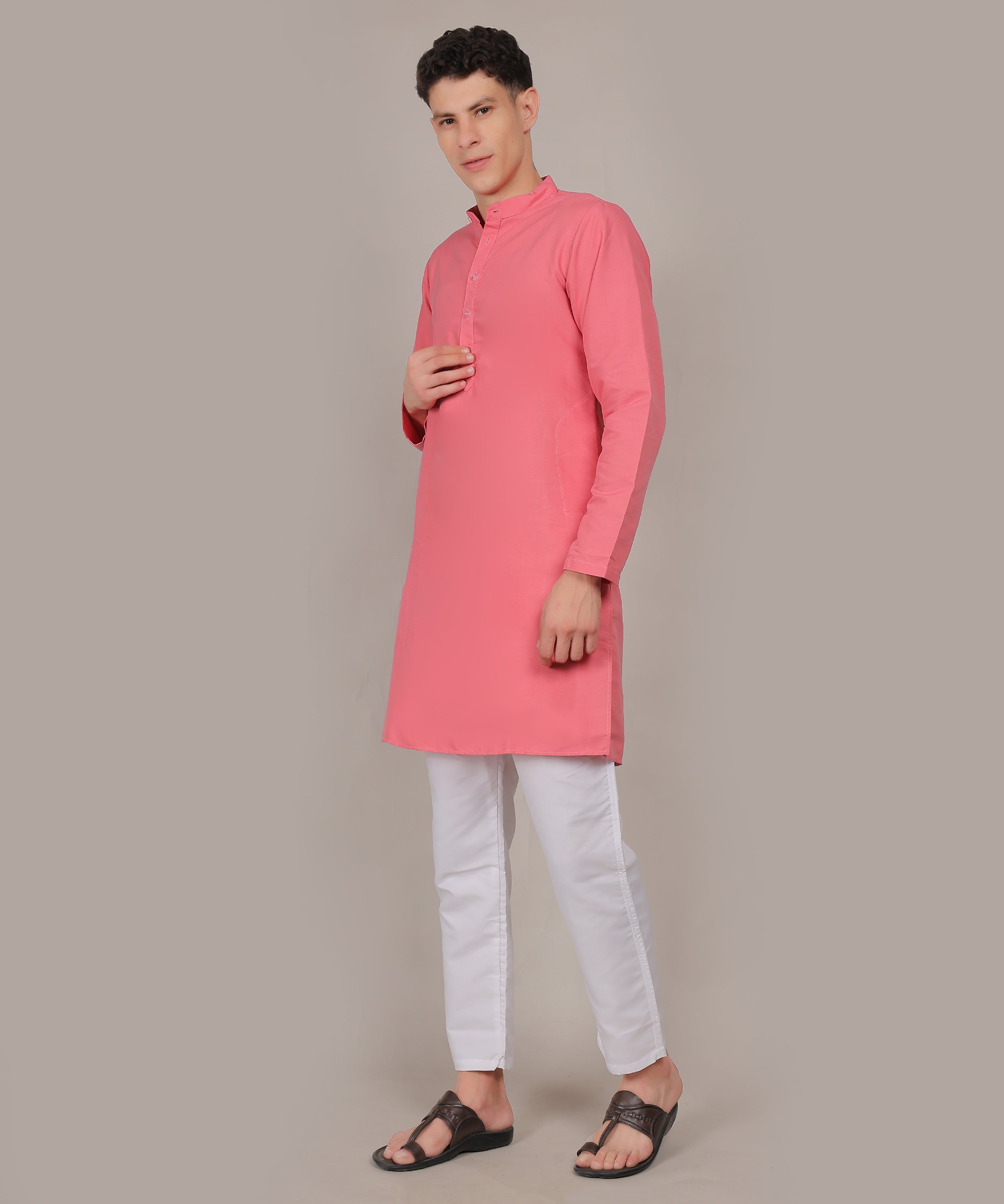 CONCHIC Men’s Solid Pure Cotton Straight Kurta with Pajama Pink