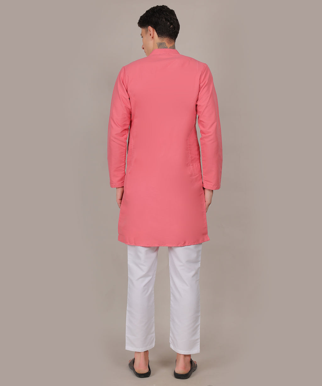 CONCHIC Men’s Solid Pure Cotton Straight Kurta with Pajama Pink