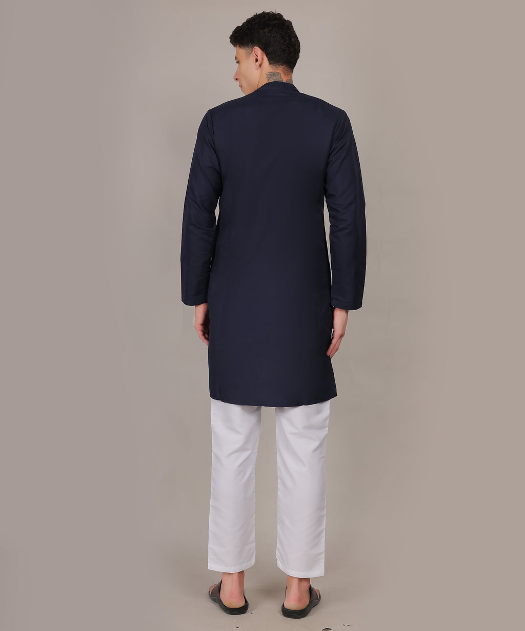 CONCHIC Men’s Solid Pure Cotton Straight Kurta with Pajama (Nevy Blue)