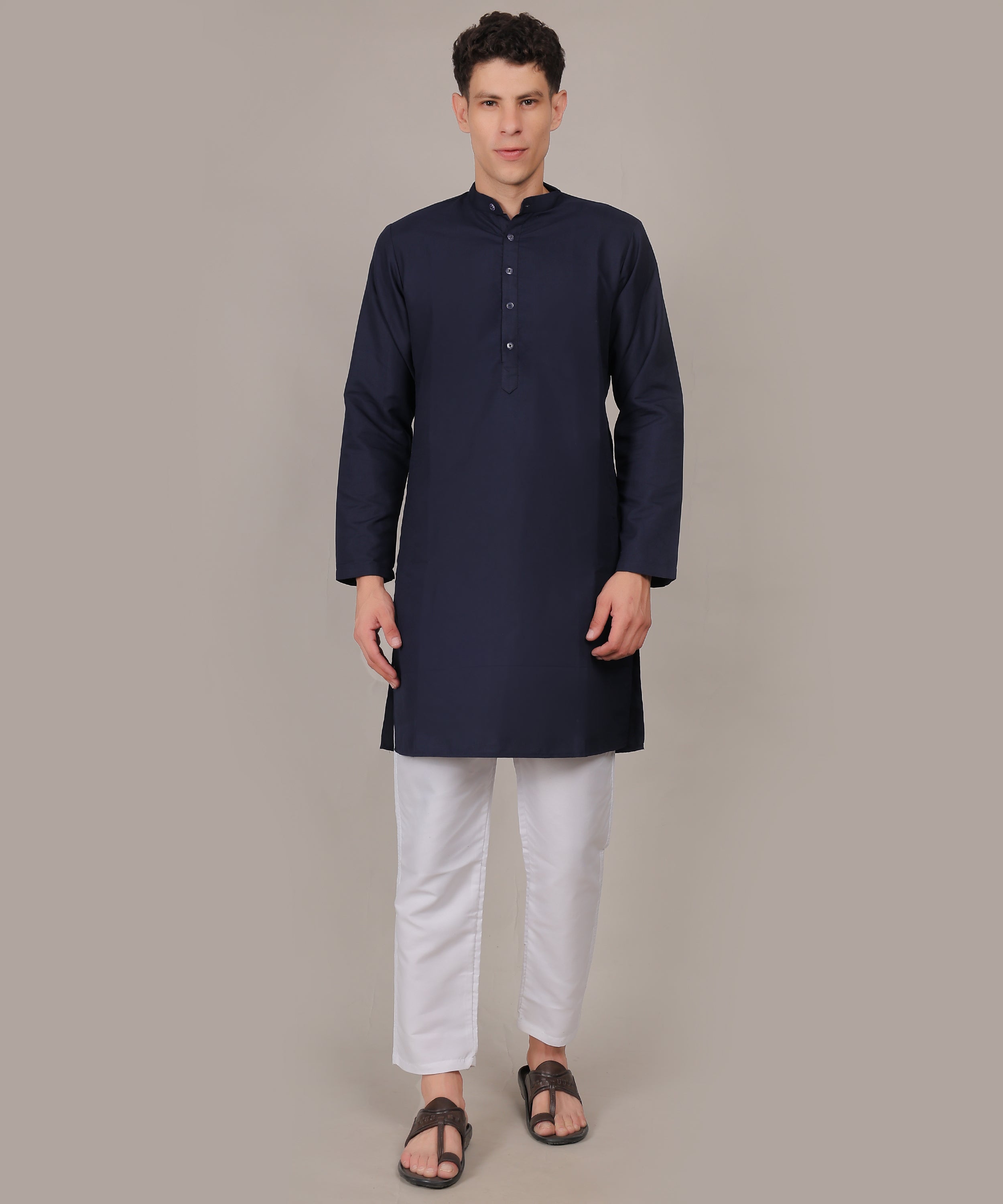 CONCHIC Men’s Solid Pure Cotton Straight Kurta with Pajama (Nevy Blue)