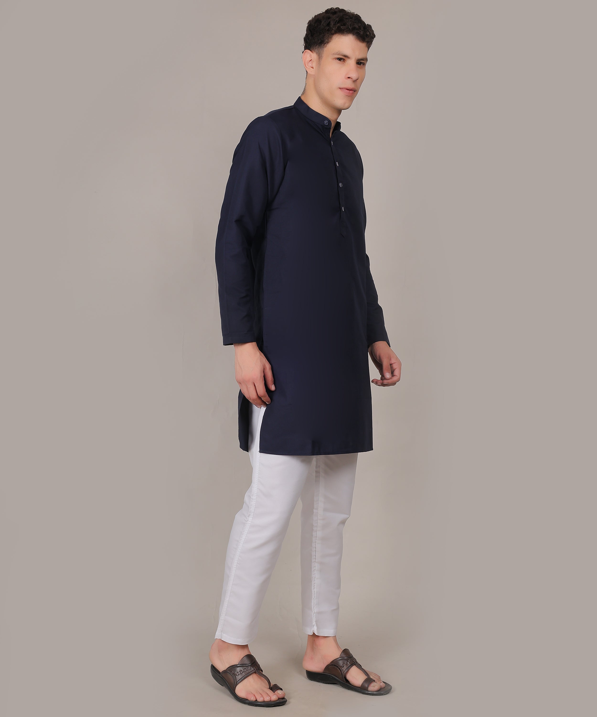 CONCHIC Men’s Solid Pure Cotton Straight Kurta with Pajama (Nevy Blue)