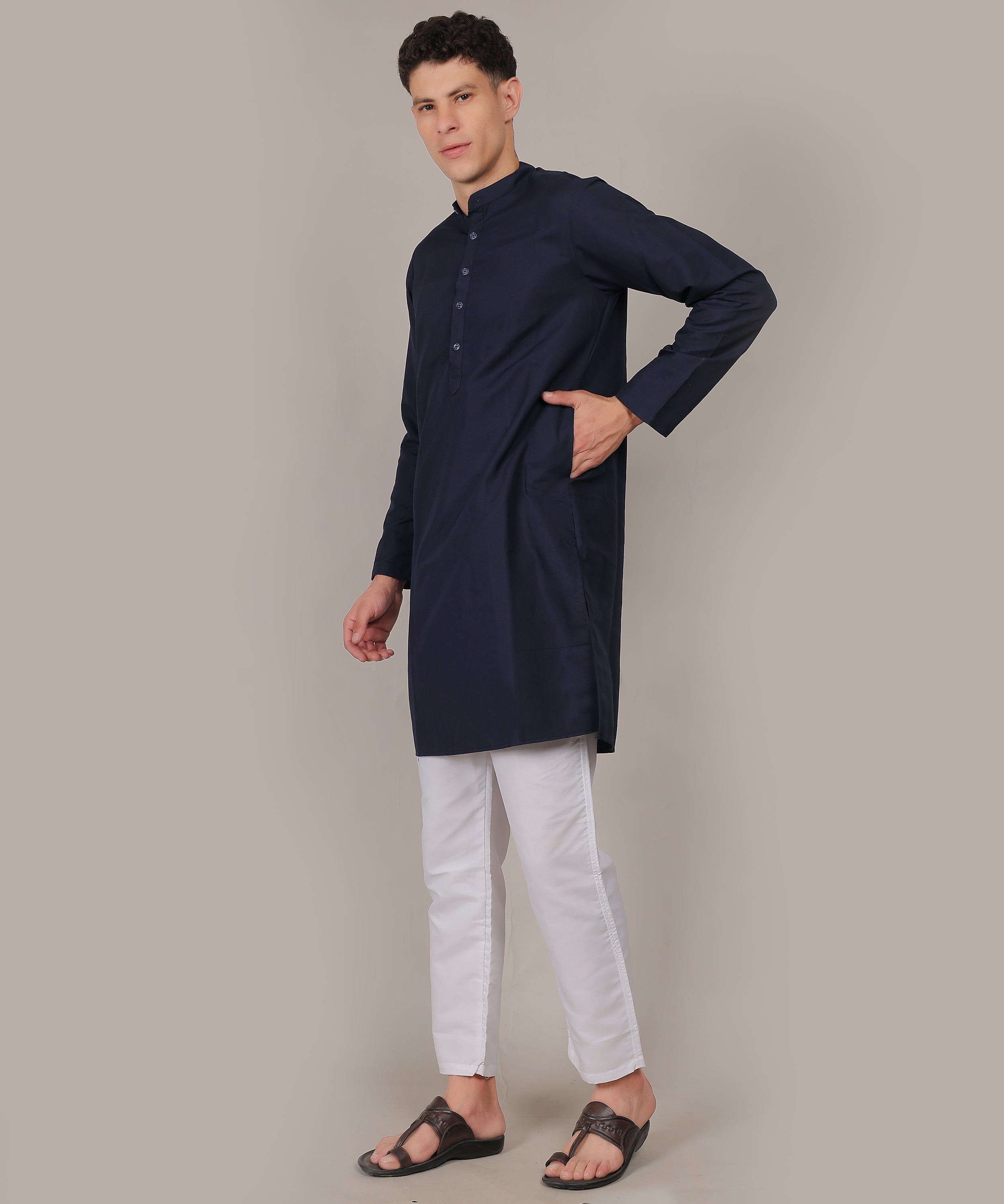 CONCHIC Men’s Solid Pure Cotton Straight Kurta with Pajama (Nevy Blue)