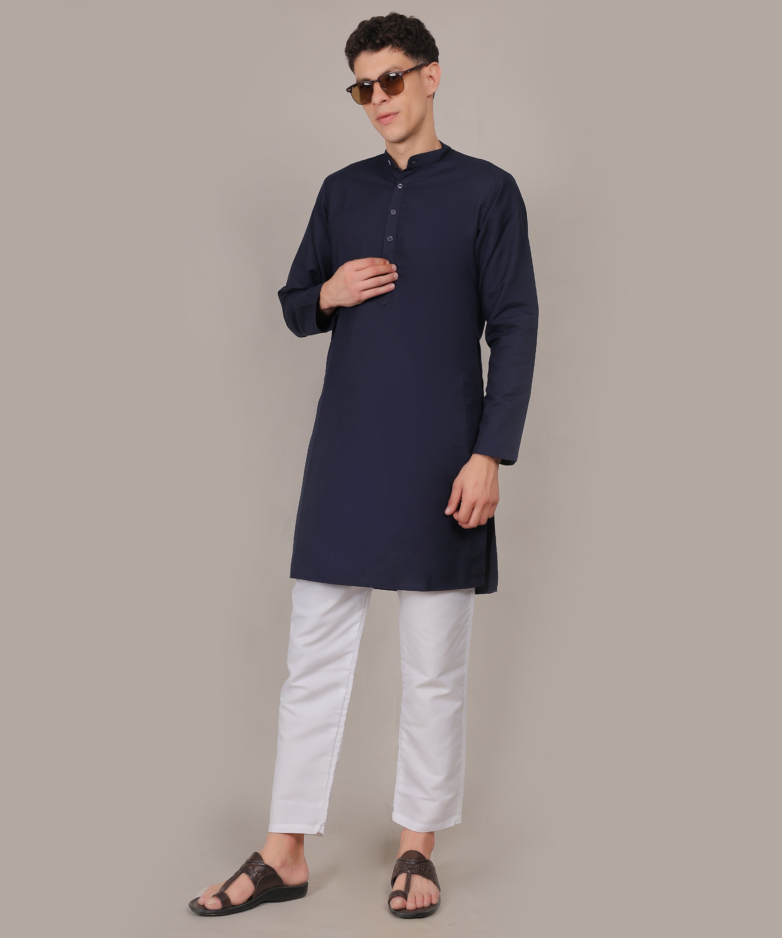 CONCHIC Men’s Solid Pure Cotton Straight Kurta with Pajama (Nevy Blue)