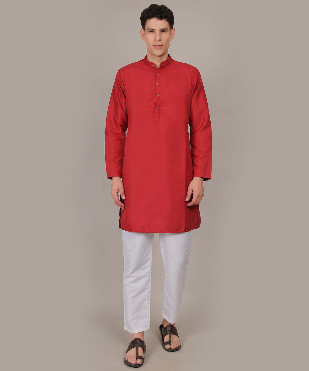CONCHIC Men’s Solid Pure Cotton Straight Kurta with Pajama (Maroon)
