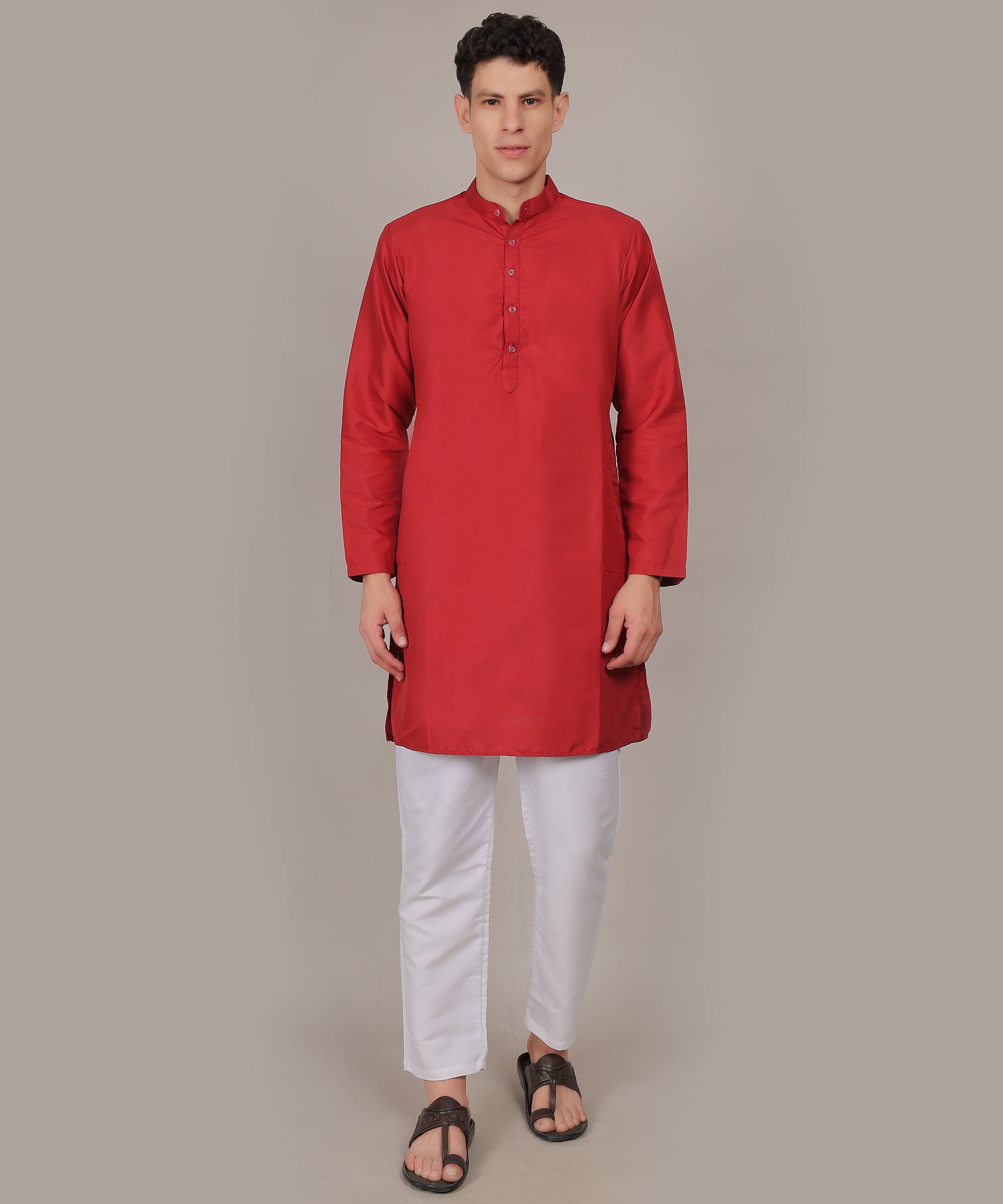 CONCHIC Men’s Solid Pure Cotton Straight Kurta with Pajama (Maroon)