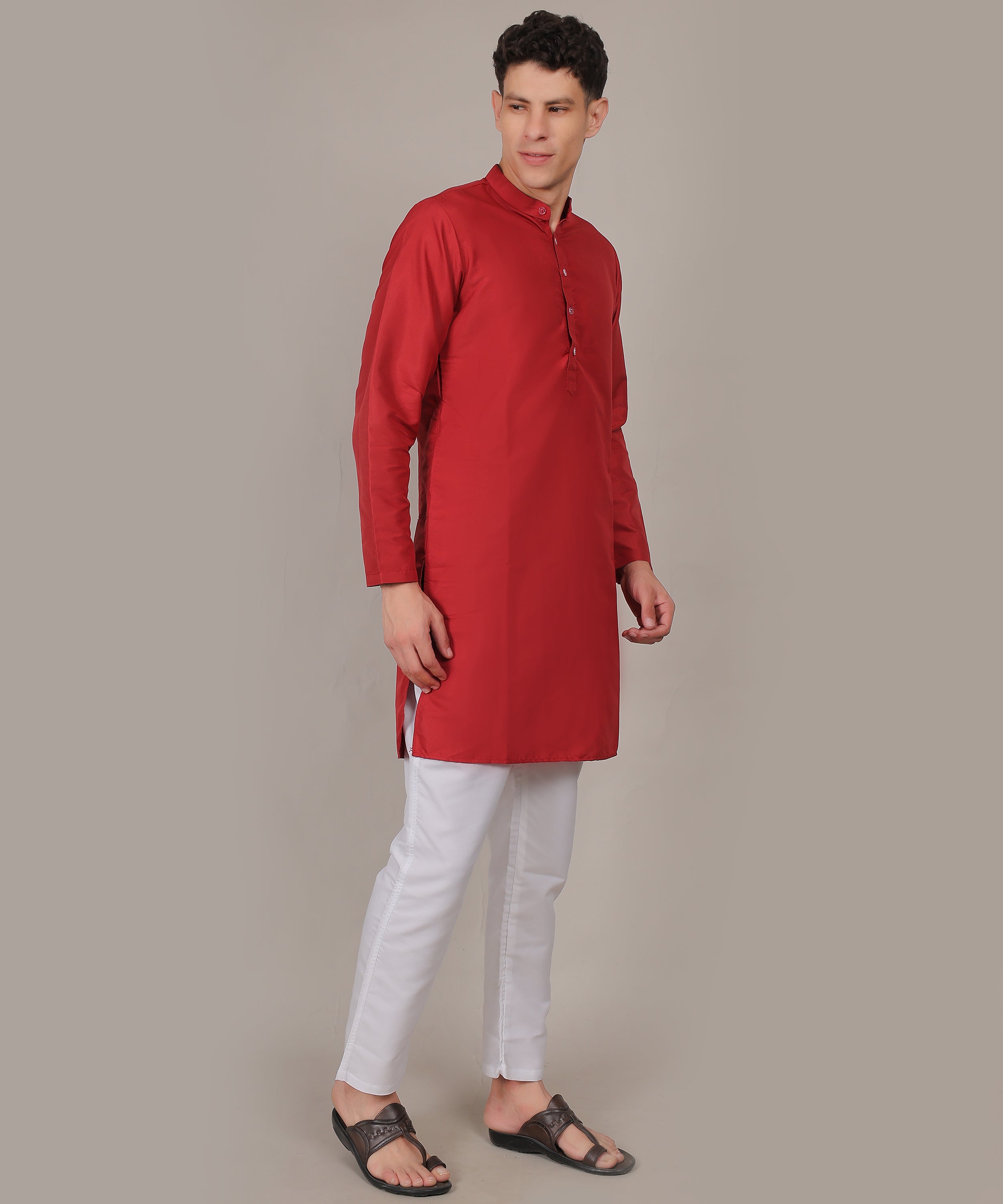 CONCHIC Men’s Solid Pure Cotton Straight Kurta with Pajama (Maroon)