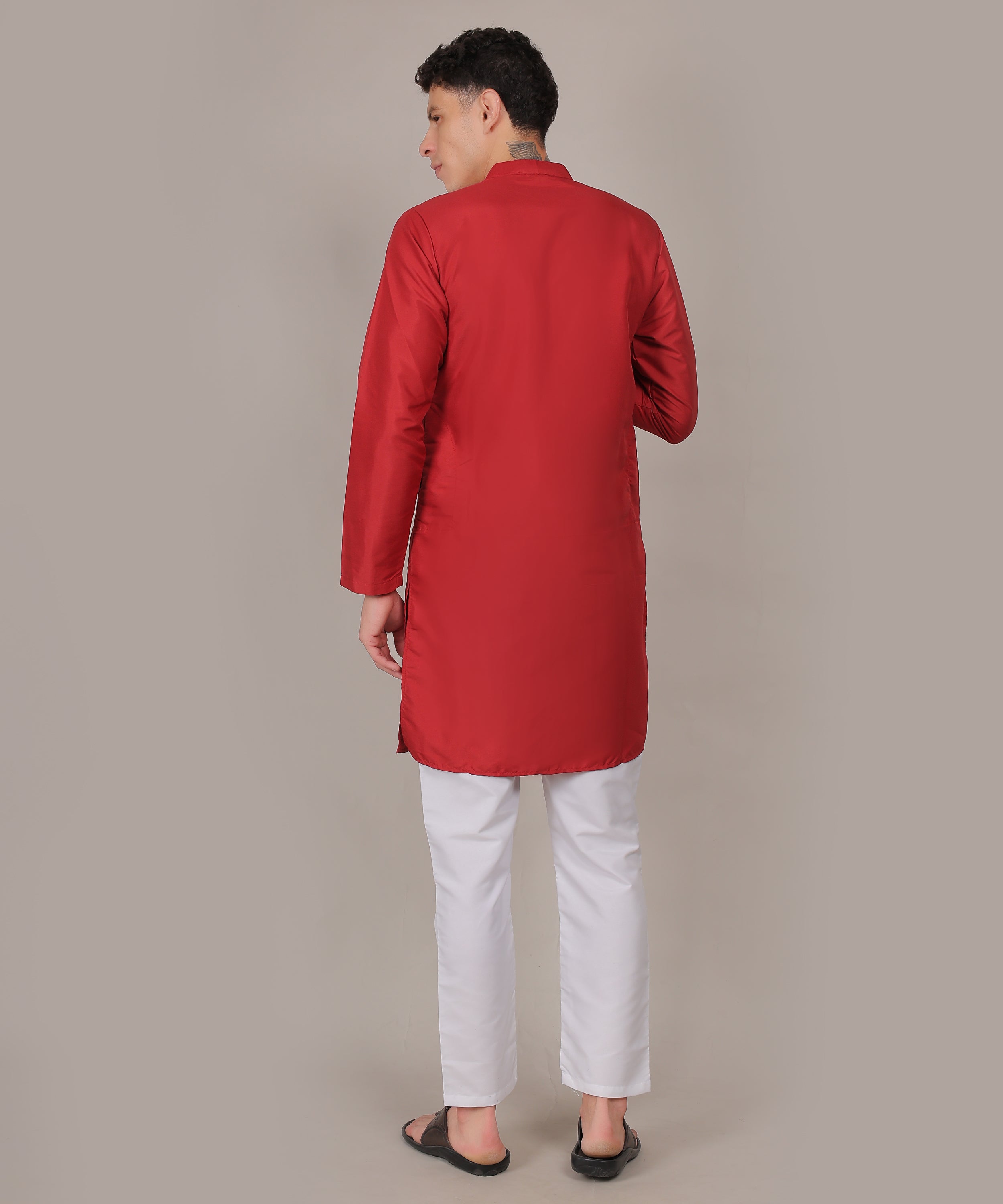 CONCHIC Men’s Solid Pure Cotton Straight Kurta with Pajama (Maroon)