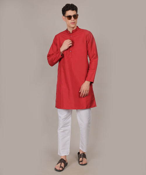 CONCHIC Men’s Solid Pure Cotton Straight Kurta with Pajama (Maroon)