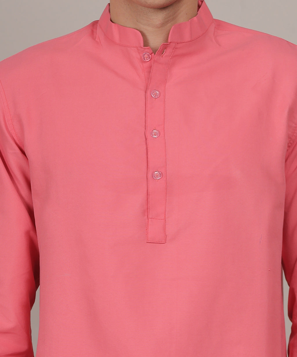 CONCHIC Men’s Solid Pure Cotton Short Kurta (Pink)