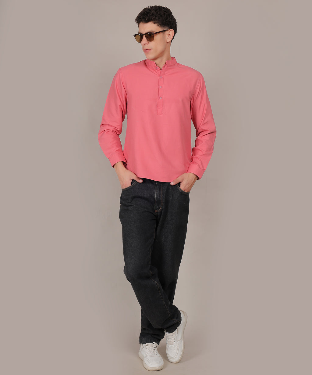 CONCHIC Men’s Solid Pure Cotton Short Kurta (Pink)