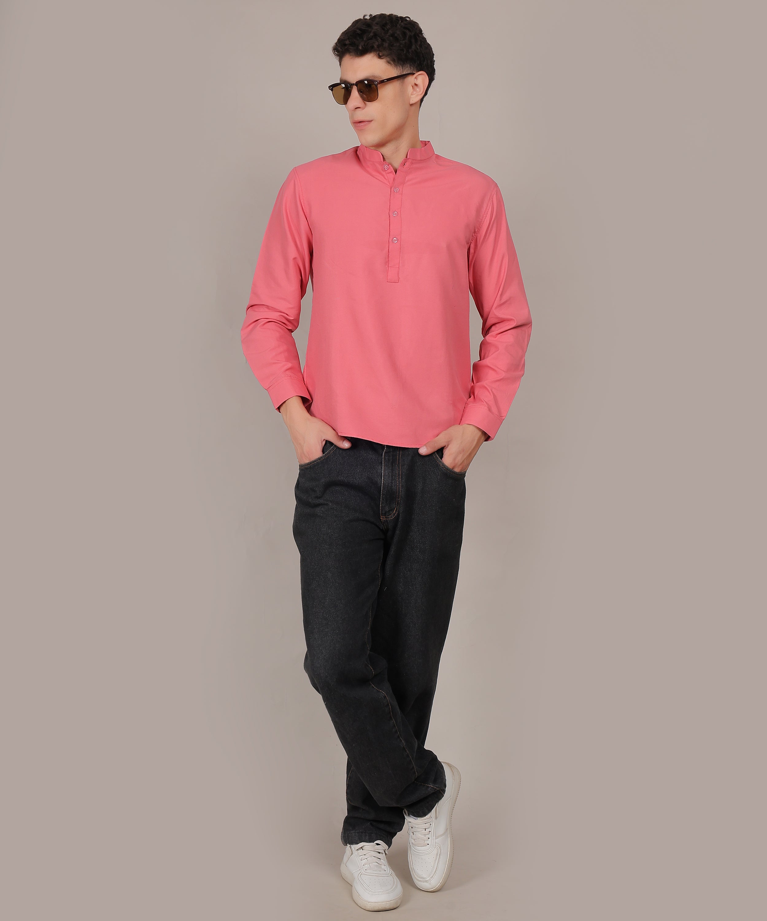 CONCHIC Men’s Solid Pure Cotton Short Kurta (Pink)