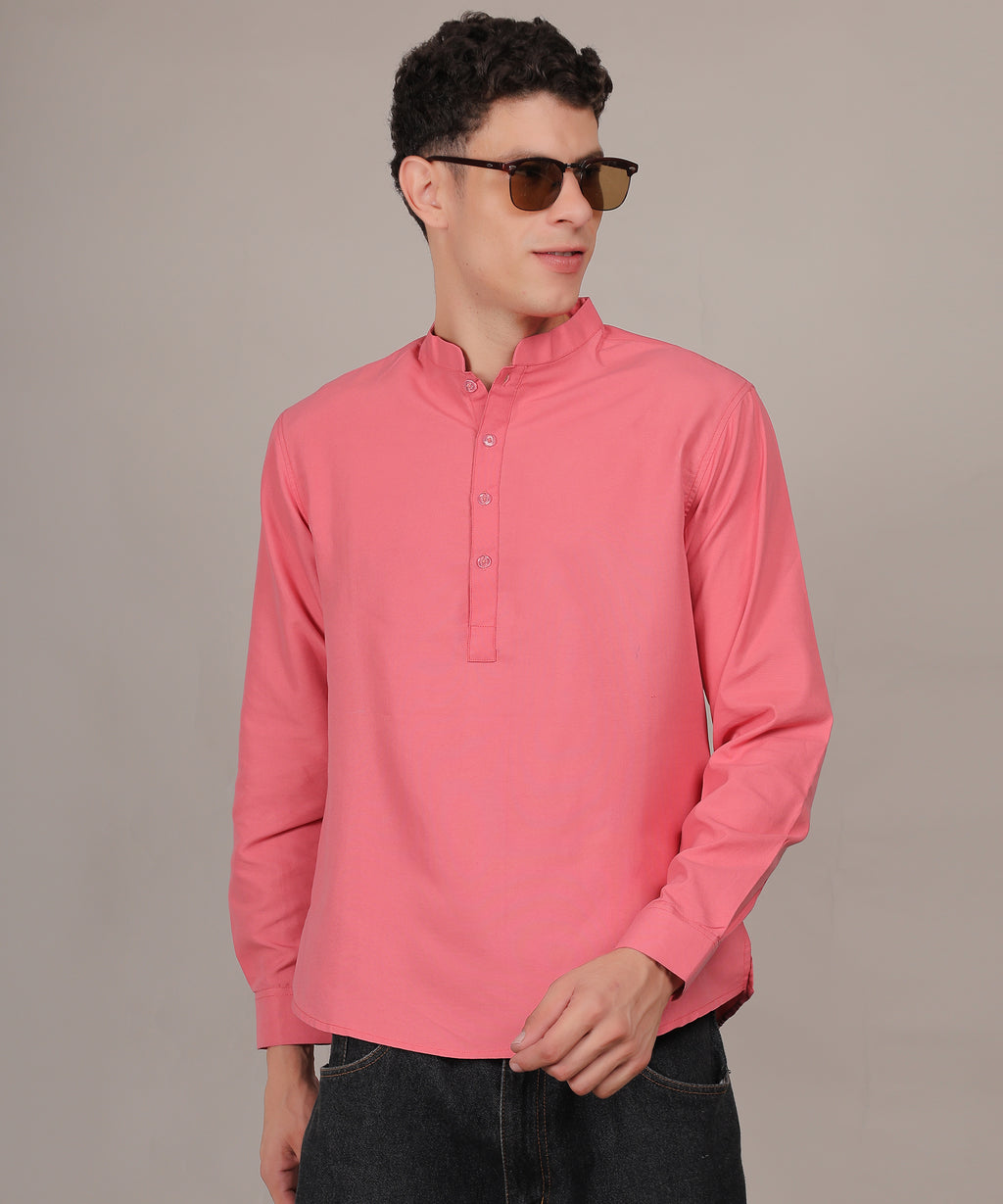 CONCHIC Men’s Solid Pure Cotton Short Kurta (Pink)