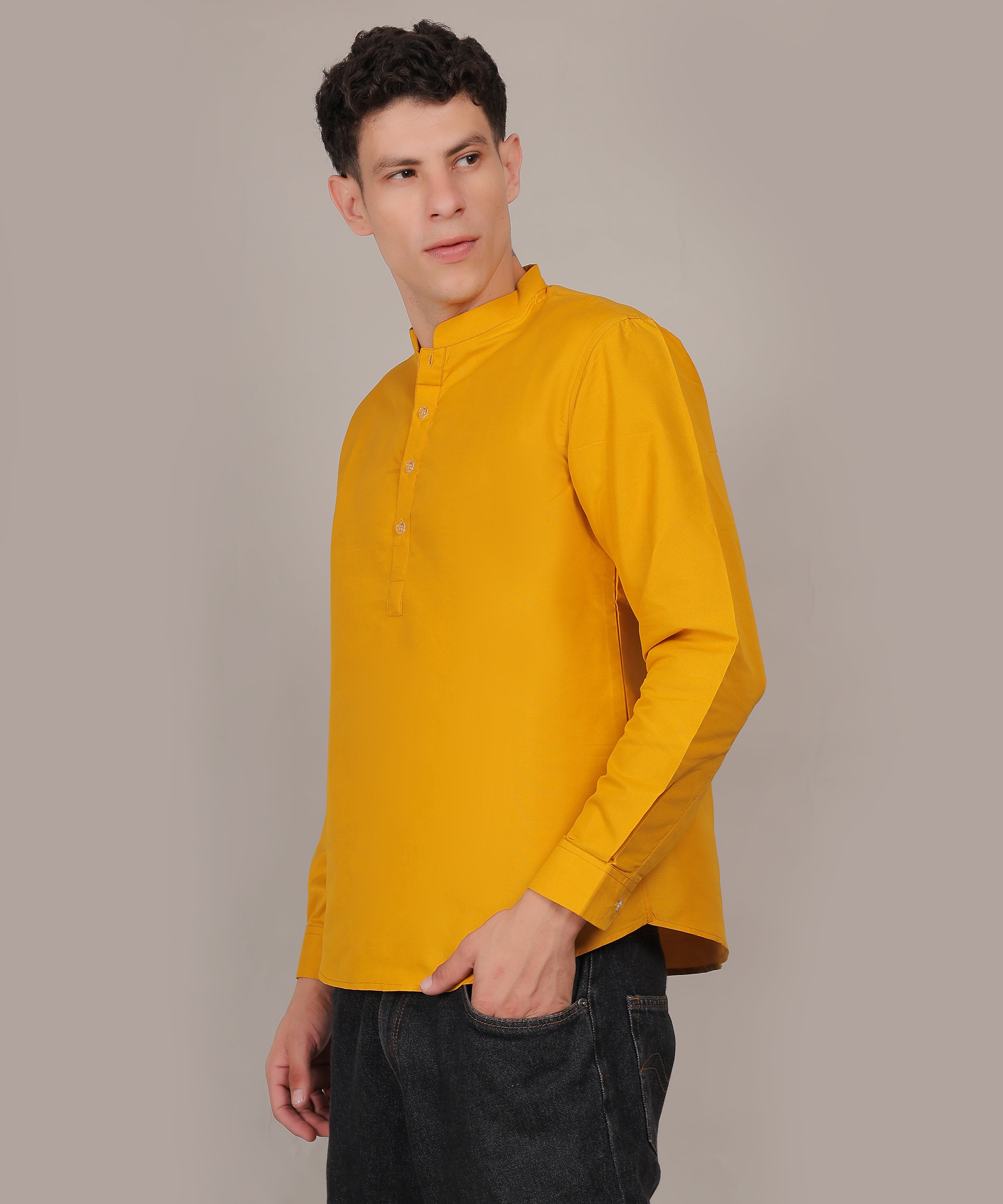 CONCHIC Men’s Solid Pure Cotton Short Kurta (Yellow)