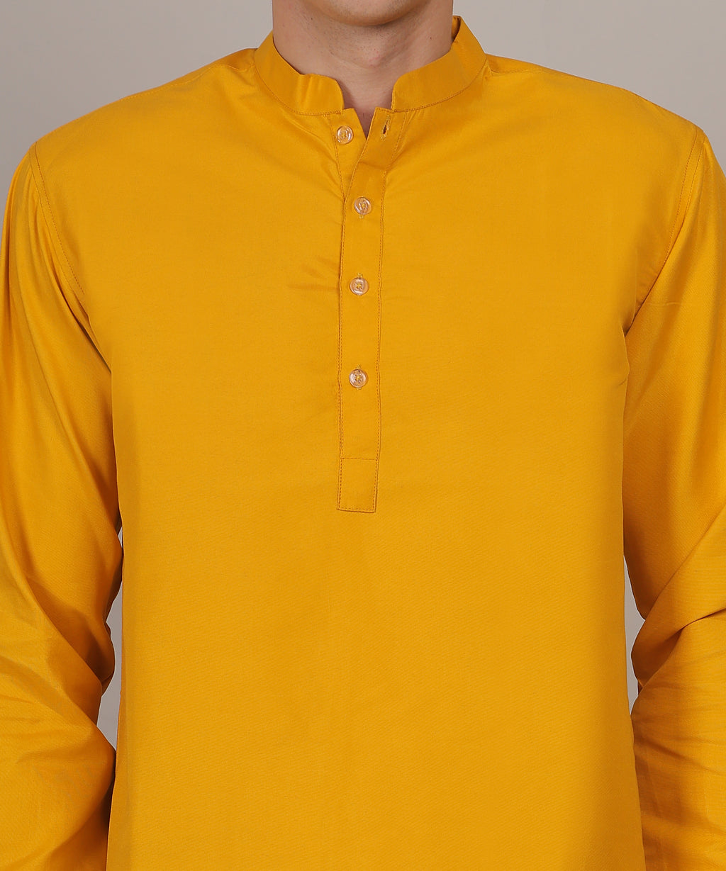 CONCHIC Men’s Solid Pure Cotton Short Kurta (Yellow)