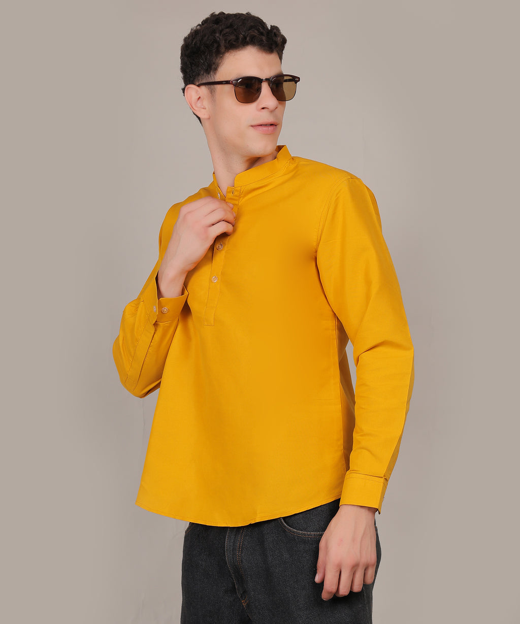 CONCHIC Men’s Solid Pure Cotton Short Kurta (Yellow)